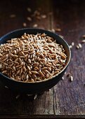 Organic spelt wheat in a ceramic dish