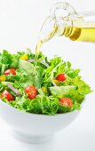 Öl auf Blattsalat mit Kirschtomaten, Gurken, Paprika und Zwiebeln gießen