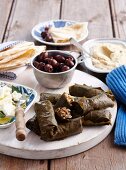 Mezze platter featuring dolmades (Greece)