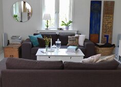 Dark brown sofa set and rustic coffee table in living room