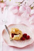 A profiterole with pudding cream and raspberries