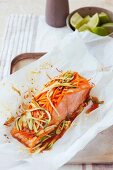 Salmon and vegetables in parchment paper