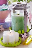Spring arrangement of candles with green felt trim imitating grass