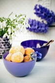 Mini-Krapfen in lila Schale, im Hintergrund Schneeglöckchen & Hyazinthen