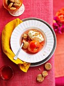 Poached peaches with quark cream and Amaretti biscuits