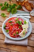 Tomato salad with onions, basil and mozzarella