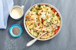 Fusilli bake with minced meat, courgette, tomatoes and Parmesan