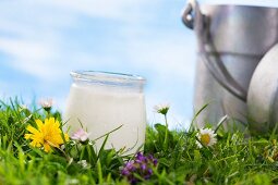 A jar of yoghurt in a flowering meadow