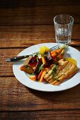 Sheatfish fillet with beetroot, yellow beets, carrots, herbs, oranges and pesto