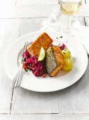 Salmon fillet with red cabbage and mini potato dumplings