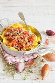 Pappardelle con la salsiccia (pasta with sausage and shallots, Italy)