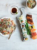 Vietnamese salad, glass noodle salad and sushi