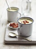 Potato and cheese soup with crispy bacon