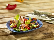 Mixed leaf salad with tomatoes and grilled pork