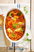 Bacalao a la Manchega (stockfish and vegetable bake with peppers and saffron, Spain)