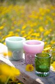 Pastel candle lanterns and green tealight holders on rustic wooden beam in spring field of yellow flowers