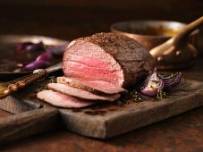 Chateaubriand, sliced on a wooden board