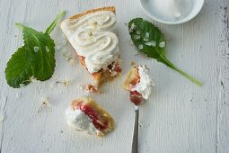 A slice of rhubarb cake topped with meringue with a bite taken out