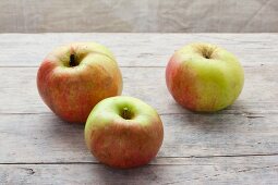 Drei Bio-Äpfel der Sorte Ontario auf Holzuntergrund