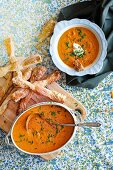 Roasted pumpkin and red capsicum soup with fennel twists