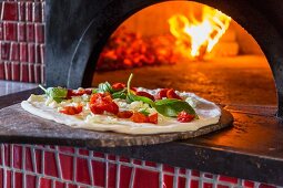 Pizza Margherita mit Piennolo Tomaten in den Holzofen schieben