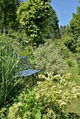 Light blue, vintage-style garden bench in summery gardens