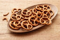 Salted pretzels in a wooden dish