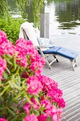 Pink flowering oleander on a wooden jetty with a comfortable wooden sun lounger with cushions by the water