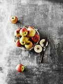 Whole apples on a pot holder, with apples and sliced apples with a knife next to it