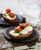 Two slices of grilled bread with mozzarella, tomato and basil pesto on pot holders