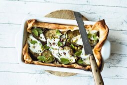 Aubergine tart with pistachios and sour cream