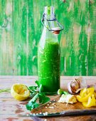 Black kale and wild garlic smoothie with yellow peppers and fresh coriander