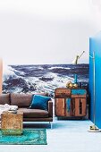 Photo mural of the sea in eclectic maritime interior