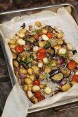 Roasted vegetables on a baking tray