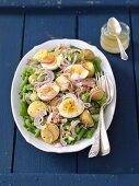 Niçoise salad with green beans, potatoes, eggs, red onions and lettuce
