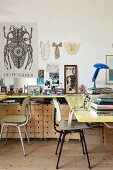 U-shaped desk, wooden filing cabinets on castors and retro chairs