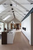 Exposed, modern gable roof structure with tension rods above long interior with designer kitchen
