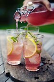 Homemade rhubarb juice with lemons and ice cubes