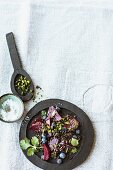 Beluga lentil salad with beetroot and blueberries