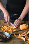 Sweet potatoes being diced