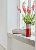 Vase mit Löwenmäulchen auf Beton Fensterbank