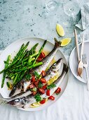 Roast whiting with asparagus and sauce vierge