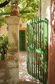 Green-painted gate and view of Mediterranean front door with ochre surround