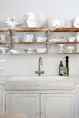 Rustic sink on kitchen counter below white crockery on rusty shelves