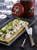 Egg and shrimp salad on a puff pastry base