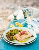 Poached salmon with a lentil salad