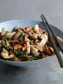 Stir-fried chicken with cashew nuts and mushrooms