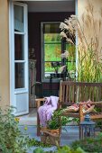 Blanket and cushions on garden bench in front of ornamental grass on terrace