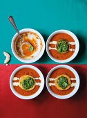 Roasted tomato soup with Parmesan cream and pesto croutons