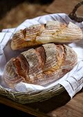 Two rustic loaves of bread in a bread basket on a wooden table